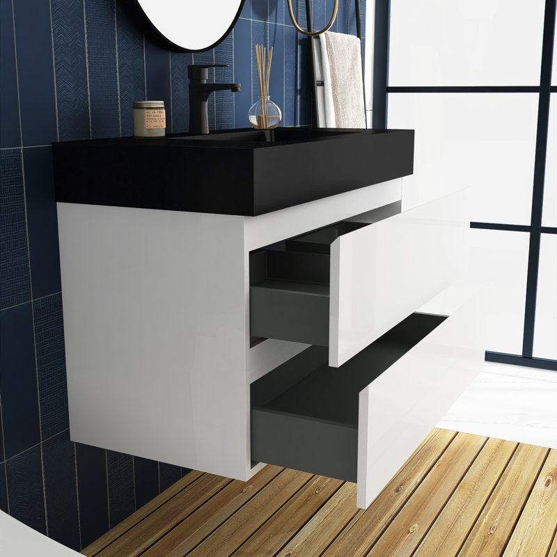 36'' Single Bathroom Vanity with Solid Surface Top, Black, White
