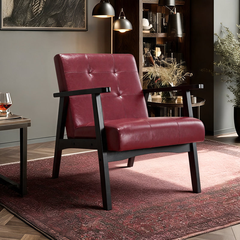 Havva 21.65'' Wide Tufted Artificial Leather Mid-Century Modern Armchair, Burgundy