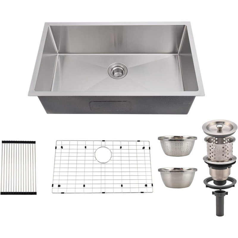 Évier de cuisine à simple cuve encastrable 30 po - Acier inoxydable de calibre 16 avec accessoires