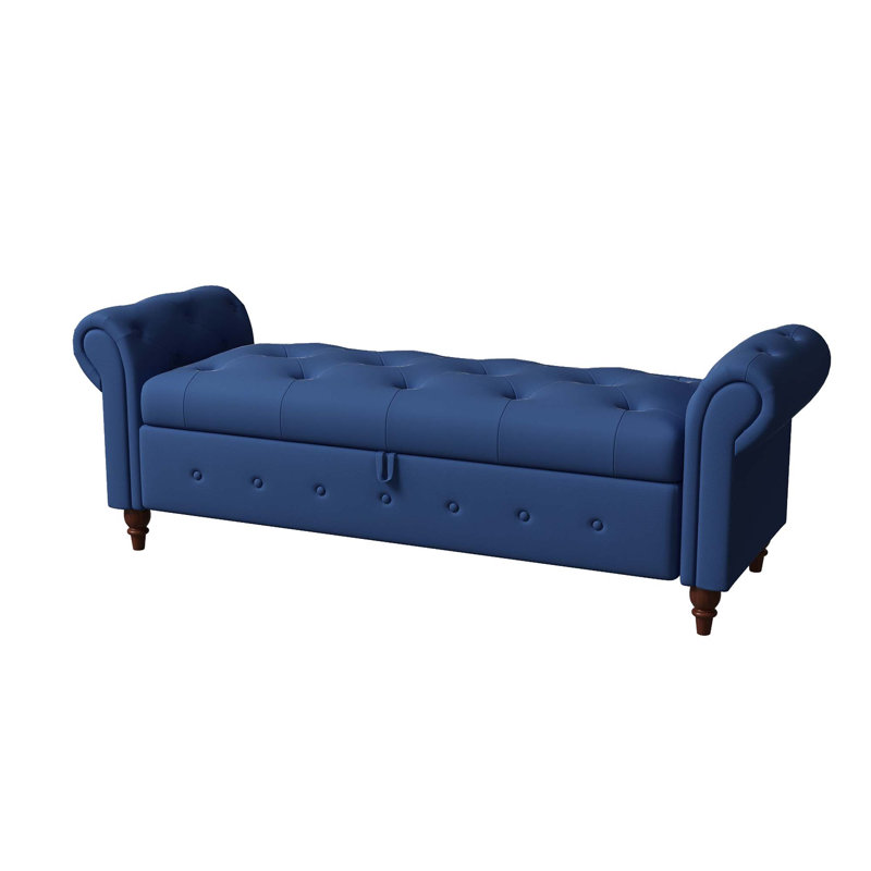 Javelyn Velvet Upholstered Storage Bench, Navy Blue, Dark Brown