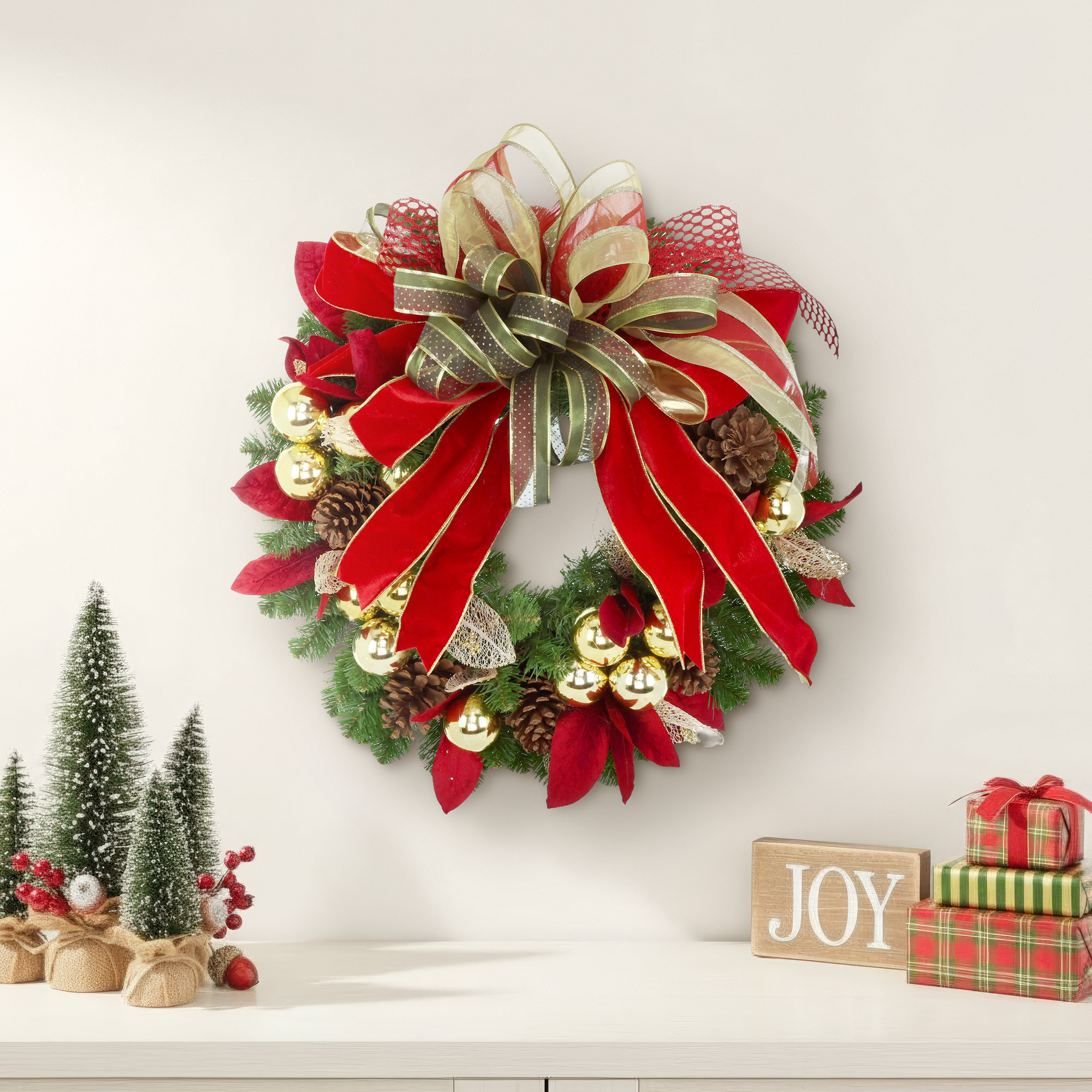 26'' Holiday Wreath Arranged with Bows, Ornaments and Pinecones
