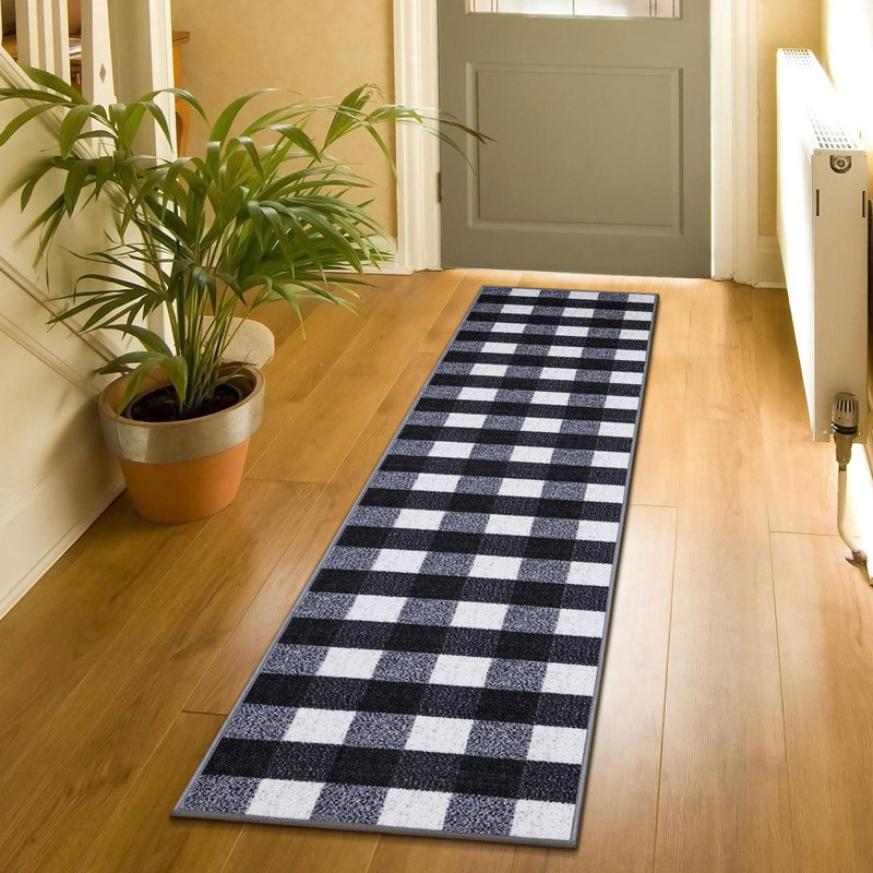 Black and White Checkered Synthetic Runner Rug 2'7" x 9'10"