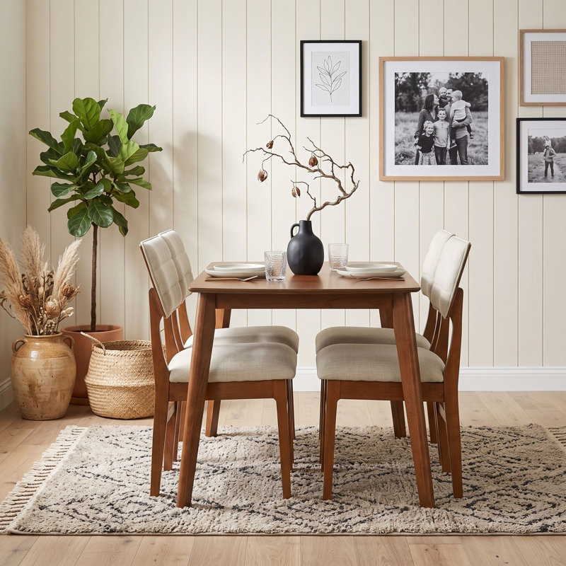 5 Pcs Farmhouse Dining Table Set with Rectangular Table and 4 Upholstered Chairs, Beige