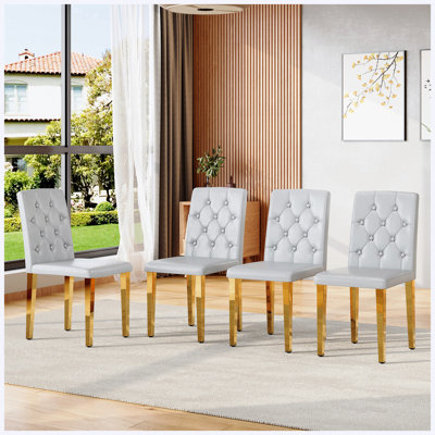 Ensemble de 4 chaises de salle à manger en cuir de polyuréthane gris clair avec dossier à boucle ergonomique et pieds en métal doré, hauteur de 35 po