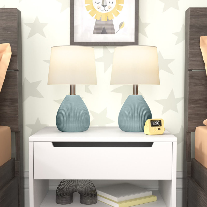 Ensemble de lampe de chevet en céramique bleue moderne 14,5 po avec abat-jour en lin blanc pour chambre à coucher, salon et bureau Novack
