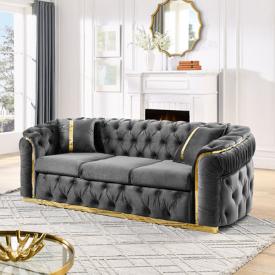 3 Luxury Couch In Gray Velvet With Button Tufting, 90.6 Inches 2 Pillows & Gold Stainless Steel Accents For Living Room , And