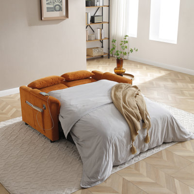 Canapé-lit deux places, dossier réglable avec ports USB, deux poches latérales, canapé-lit convertible 3 en 1, causeuse moderne, 2 coussins de taille pour le salon