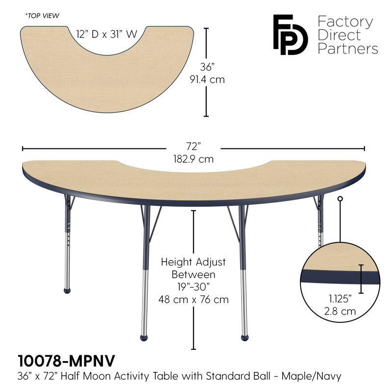 Table d'activité demi-lune 36 "x 72" avec pieds réglables, Érable / Bleu marine, Standard Ball Glide