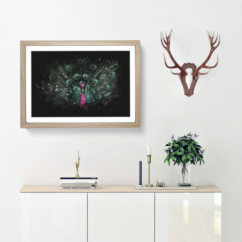 Mesmerising Pink and Green Peacock - Framed Print, Oak Framed, 62cm H x 87cm W x 2cm D
