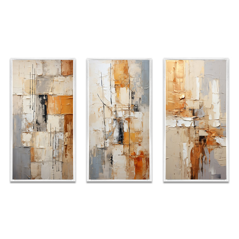 Abstraction géométrique - ensemble d'art abstrait de 3 pièces, Cadre blanc, H 40 po x l 60 po
