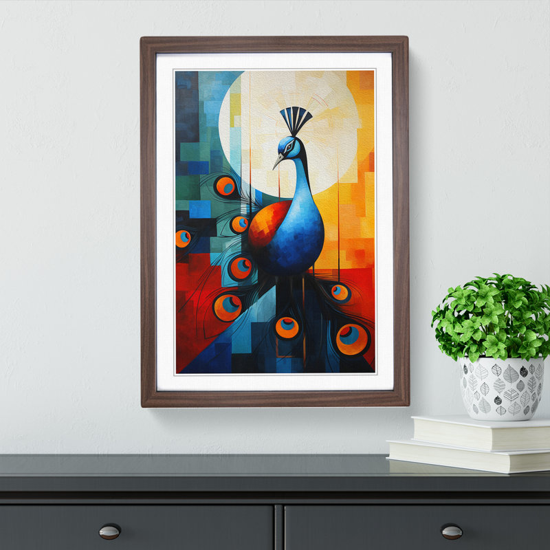 Peacock Constructivism - Single Picture Frame Print on Wood, Walnut Framed, 46cm H x 34cm W x 2cm D