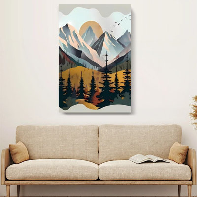 «Sunrise Over Mountain Forest», peinture de paysage minimaliste sur toile tendue, 24 po x 36 po