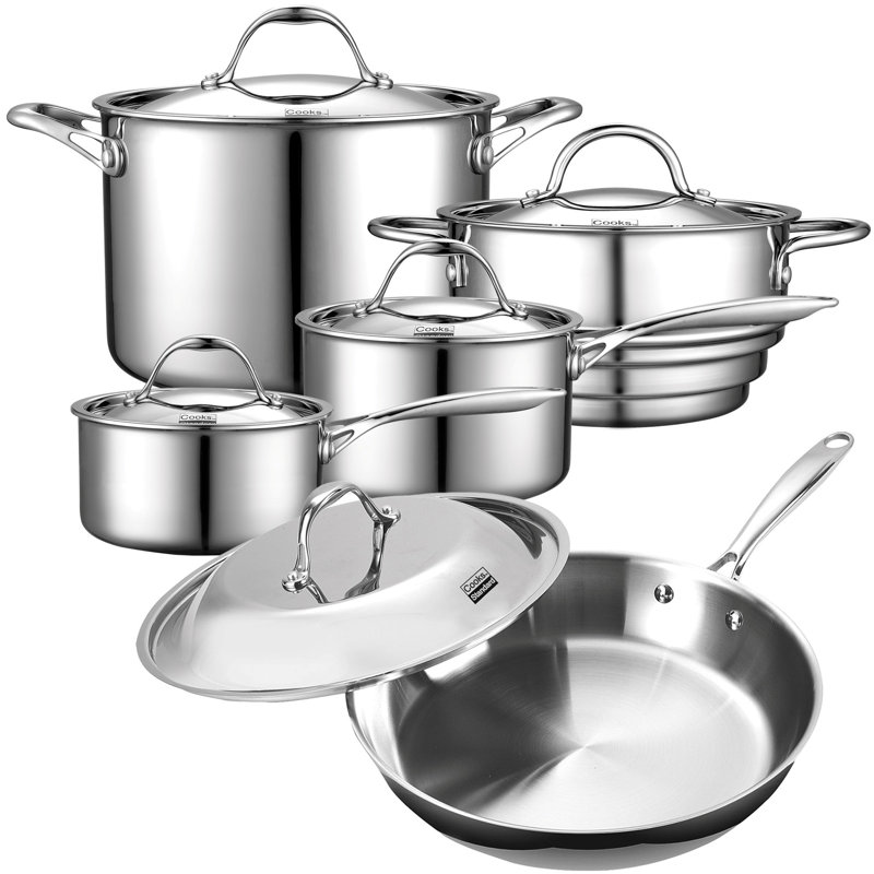 Ensemble de batterie de cuisine en acier inoxydable multi-plis standard Cooks, comprenant des casseroles, un cuiseur à vapeur, une marmite, des poêles à frire avec couvercles, compatible avec l'induction, va au lave-vaisselle, va au four, 10 pièces