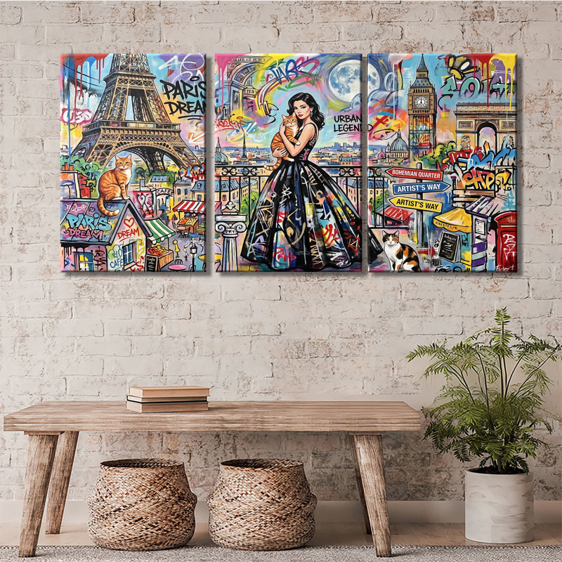 «Paris City Graffiti Woman Cat Pop Art», ensemble de 3 impressions sur toile, 28 * 40 pouces * 3