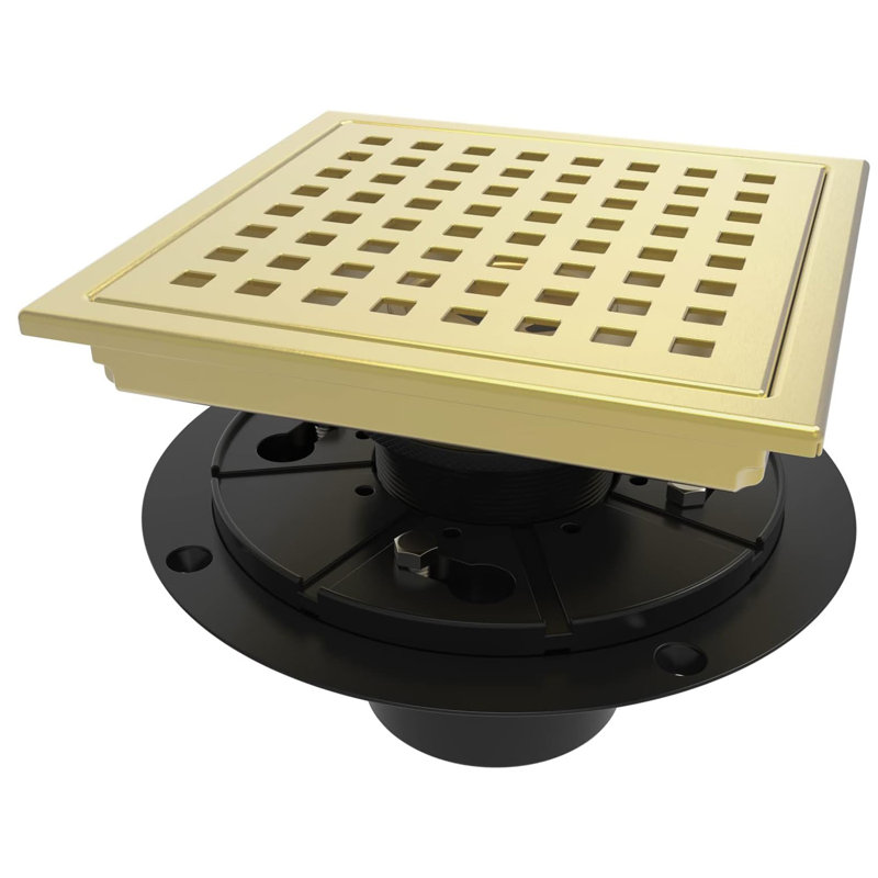 6-Inch Square Shower Floor Drain, Quadrato Pattern Grate,Kswhyrs0003, Brushed Gold