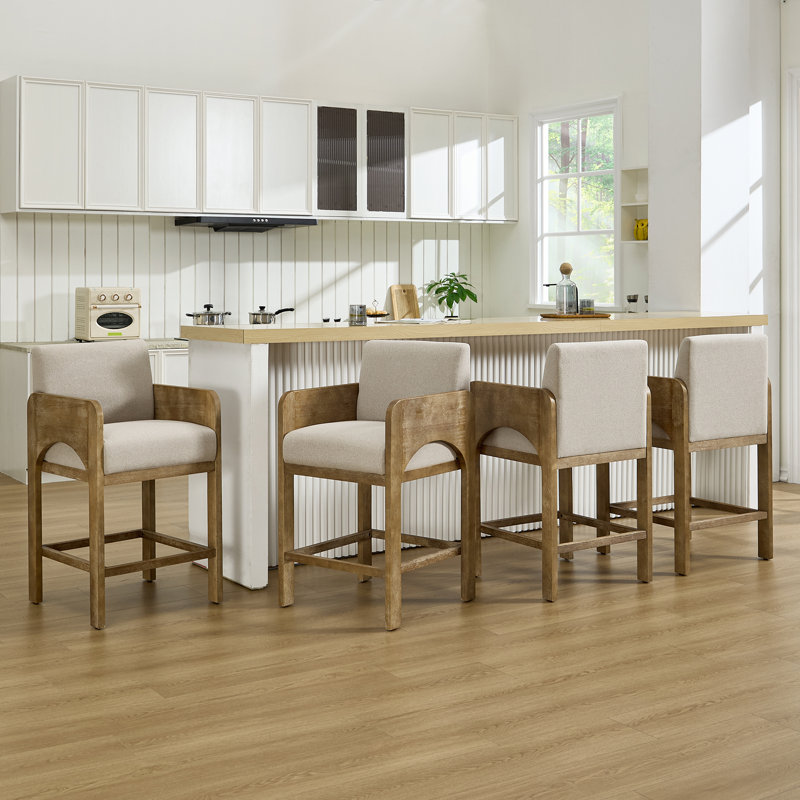 Upholstered Seat Counter Stool With Solid Wood Frame, Arch-Shaped Arm Bar Height Counter Stool For Kitchen/Dining Room/Restaurant