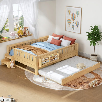 Lit pour enfant en bois massif avec lit gigogne, bibliothèque intégrée et petit escalier, lit pour tout-petit Safe Guardrail
