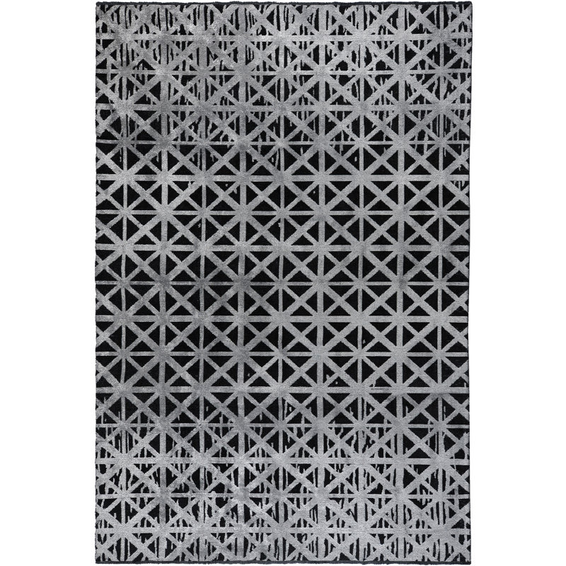 Tapis géométrique gris argenté / noir en coton tissé à plat à la main Rapture, Rectangle 7 pi 10 po x 11 pi 2 po