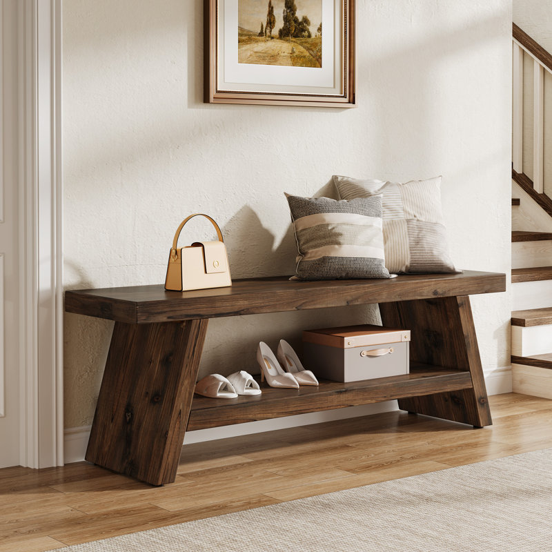 2-tier Solid Wood Entryway Bench, Indoor Shoe Bench Hallway Foyer Seating With Open Shelves, Rustic Brown