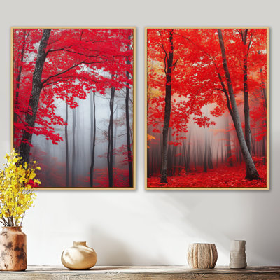 Red Maple 2 Piece Wall Art, Fall Forest Canvas, Red Maple Forest