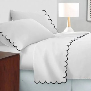 Allena 400TC Cotton Scallop Embroidery Sateen Cotton 4 Piece Sheet Set Fitted Sheet Fits Upto 16" Deep Pocket, Black