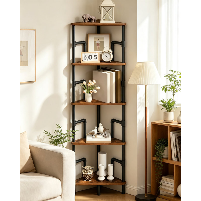 5-Tier Corner Shelf Stand – Metal Frame Corner Bookshelf, Narrow Display Rack, Industrial Style Corner Bookcase for Living Room, Bedroom, Home Office