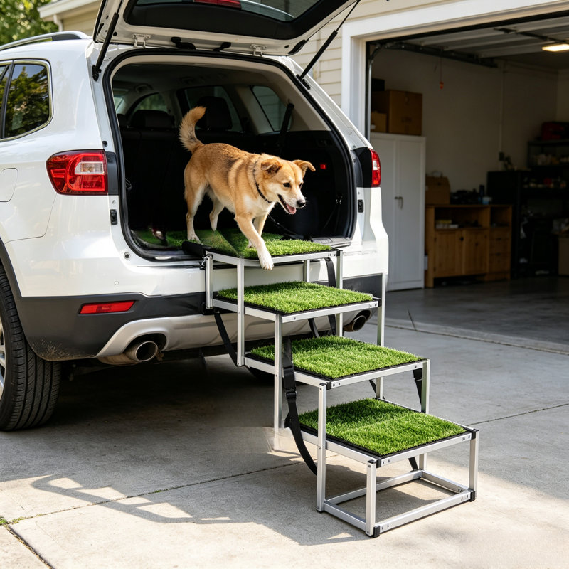 Escalier pliable en aluminium à 4 niveaux pour animaux de compagnie, rampe d'accès robuste et portable pour chiens avec surface antidérapante en gazon artificiel et rampes latérales pour lits hauts, voitures, VUS et camions