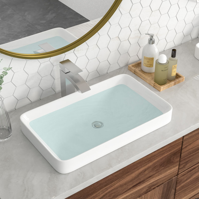 Bathroom Semi-Recessed Vessel Sink Ceramic Above Counter Basin Sink, White, 5" H x 19" L x 12" W, Rectangular