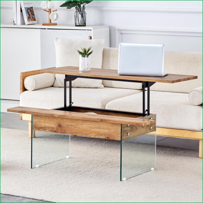 Black Marble Pattern Lift Top Coffee Table with Tempered Glass Legs, Easy-Clean &amp; Space-Saving for Living Room Office