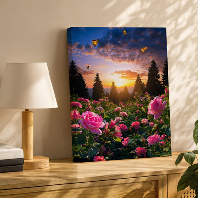 Reproduction d'art sur toile, "Un champ vibrant de roses roses remplissant l'avant-plan", leurs pétales scintillants de rosée