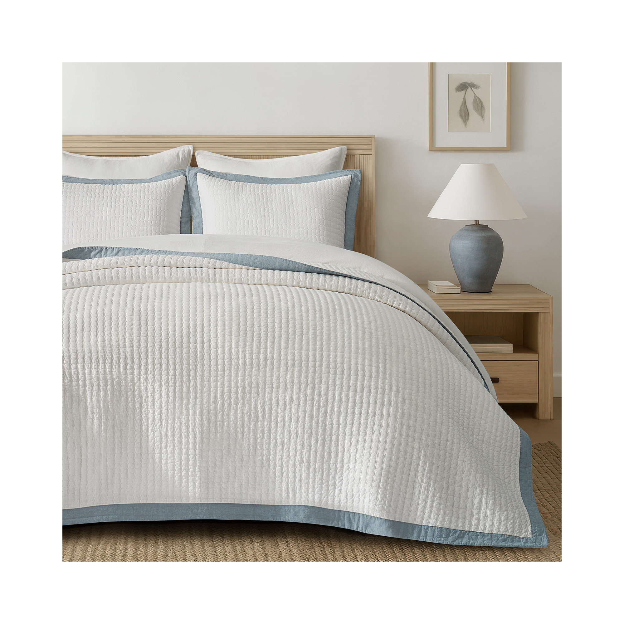 Border Frame Cotton Pick-Stitch Channel Quilt, King Quilt + 2 King Shams, Blue Linen