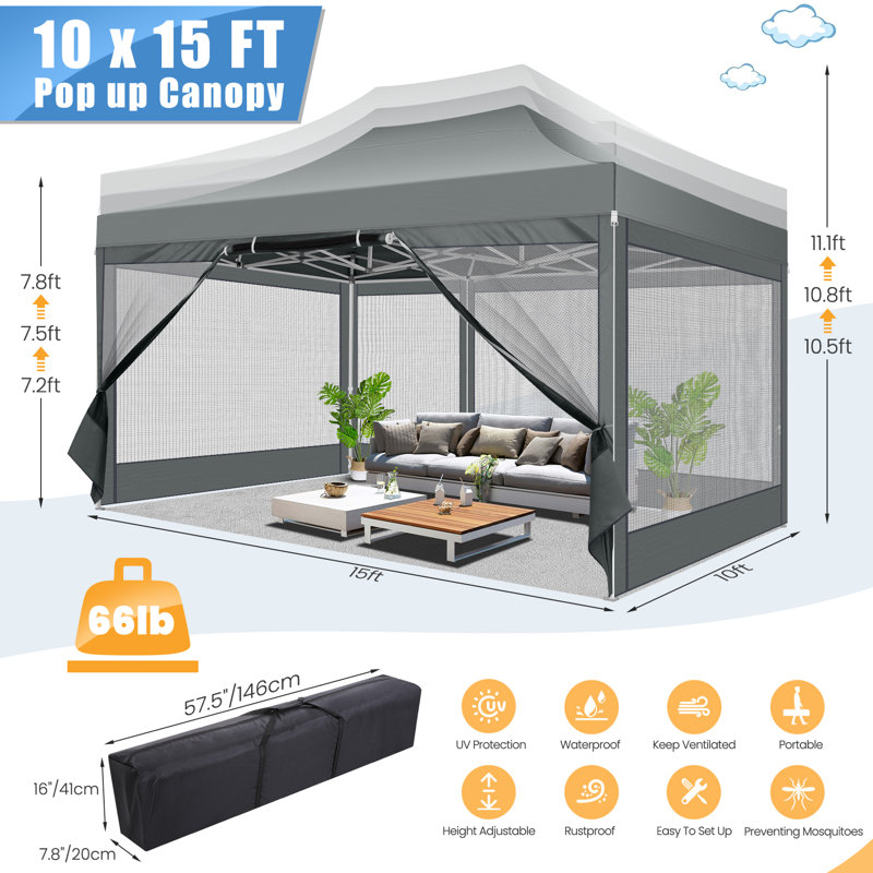 Tente d'auvent 10 x 20, auvent escamotable robuste avec parois latérales, P 10 pi x l 15 pi, Gris