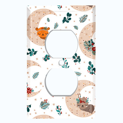 Metal Light Switch Plate Outlet Cover (Christmas Sleeping Animals White Brown Moon    - Single Toggle)
