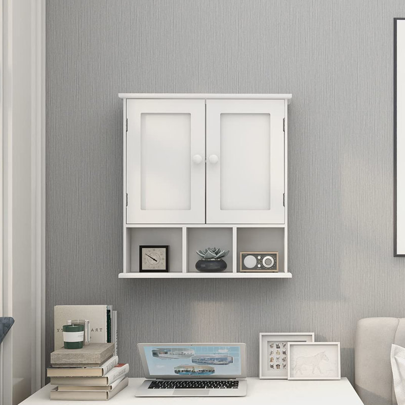 Armoire murale de salle de bain de style minimaliste avec 2 portes et tablettes réglables, Blanc