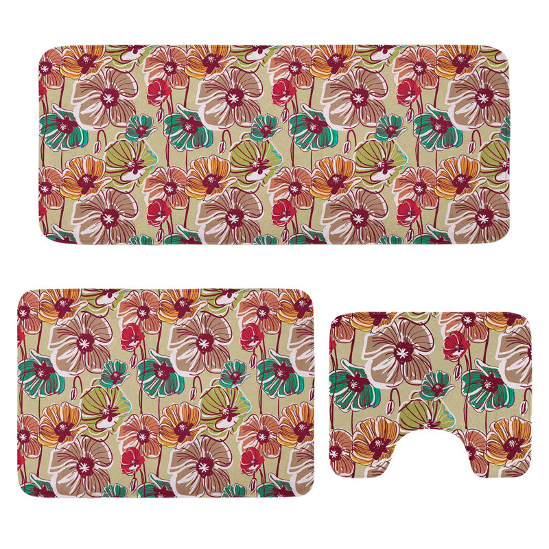  Earth Tones Bathroom Rug Set 3 Pieces U-Shape & Rectangle Mats Multicolor