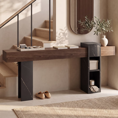 63 Inches Long Console Table with Charging Station, Thick Wooden Narrow Sofa Table Behind The Couch with Storage and Adjustable Shelves