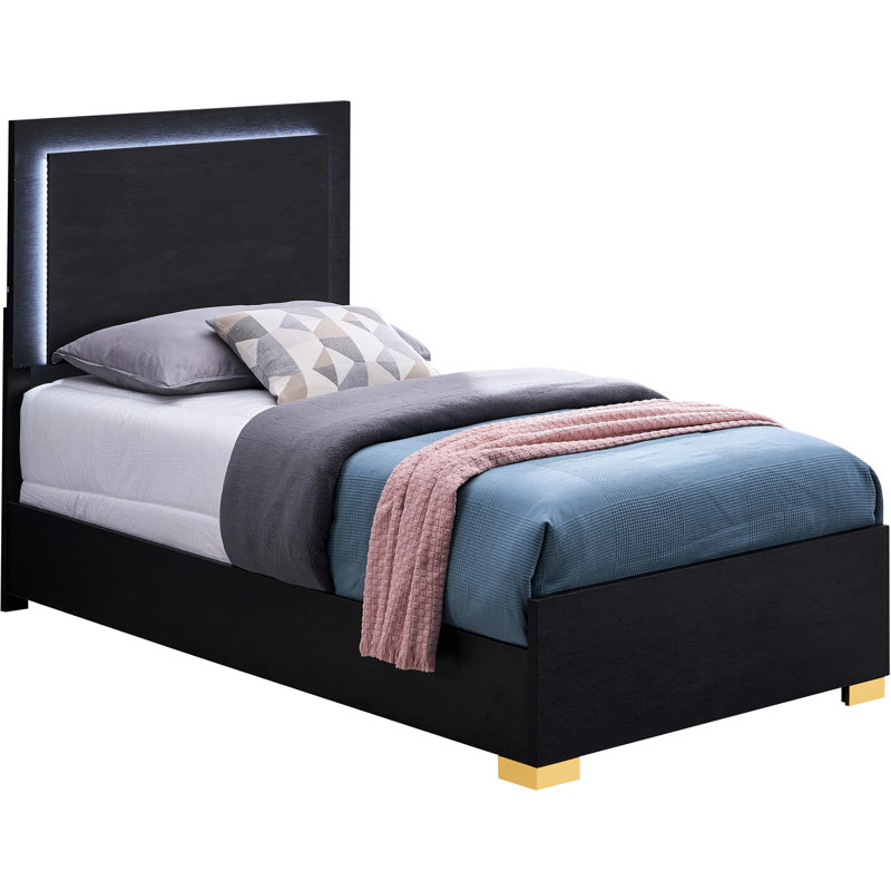 Twin Black Wood Panel Bed, Energy - Efficient Headboard, Modern Bedroom Setup, Gold Metal Elements Contemporary Finish, Details