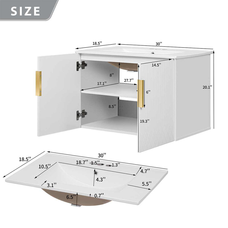 Meuble-lavabo moderne de 30 pouces avec lavabo en céramique, armoire avec 2 portes à fermeture douce, Blanc