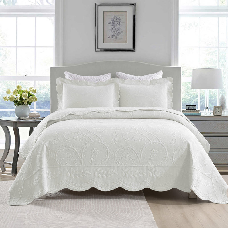 Ensemble de courtepointe 100 % coton, Blanc, Courtepointe très grand et 2 très grandes taies