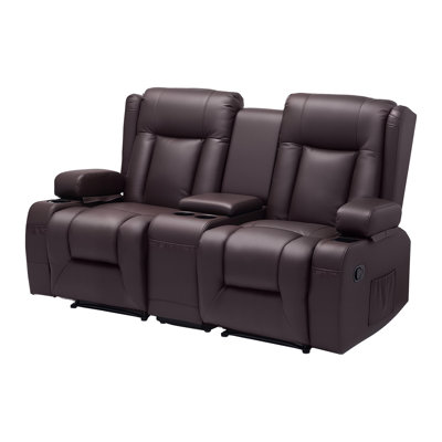 Loveseat Recliner Sofa, Manual Reclining Couch with Centre Console, PU Faux Leather Recliner Sofa with USB Ports, Cup Holders and Storage Bags, Dual Loveseat Chair for Living Room/RV, Brown