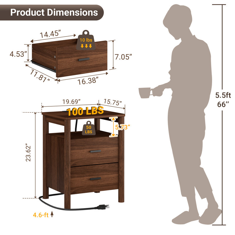 Grande table de chevet 20 po, ensemble de 2 avec station de charge, pieds de poteaux ronds massifs, table de bout à 2 tiroirs avec tablette ouverte