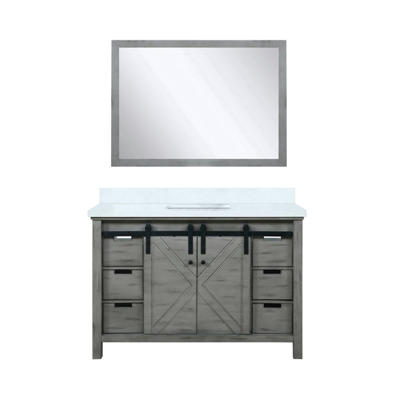Meuble-lavabo gris cendre 48 po X P 22 po P, comptoir en marbre de culture et Miroir, Bois de frêne gris, Marbre de culture