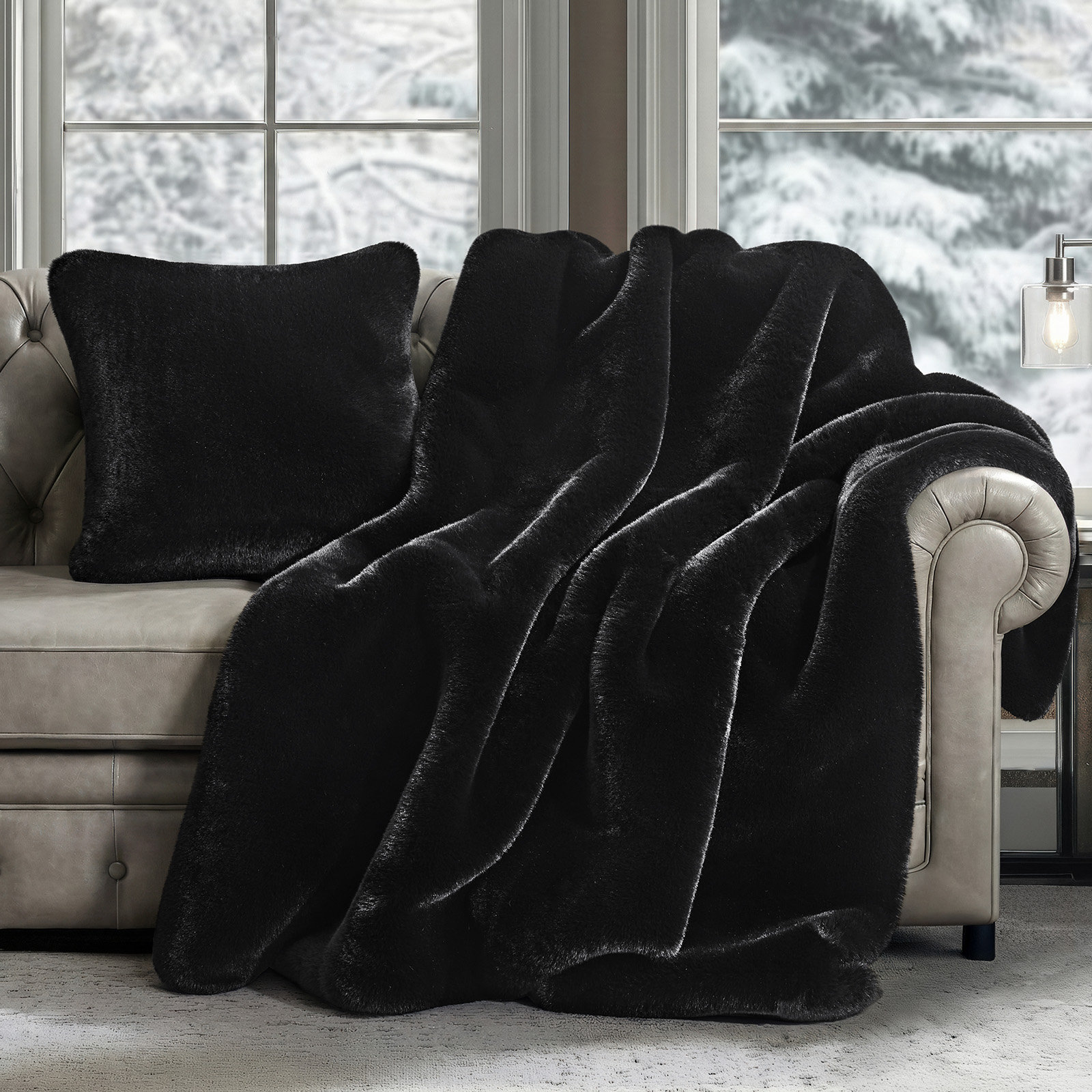 Chinchilla Faux Fur Throw Blanket, 60" L x 50" W, Black Noir Mink