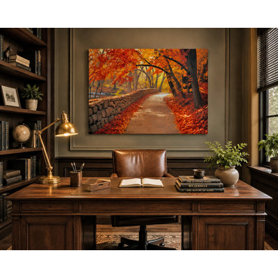 Autumn Forest Path with Stone Wall and Colorful Fall Leaves Wrapped Canvas Wall Art