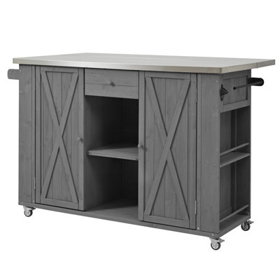 Outdoor Kitchen Island Fir Wood Kitchen Island with Stainless Steel Top, Ample Storage Space, Towel and Spice Racks and a Bottle Opener for Outdoor, Grey
