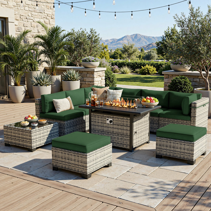 Ensemble de conversation de patio 10 pièces avec table de foyer au propane de 55 000 BTU, canapé modulaire en osier, 2 repose-pieds et table basse