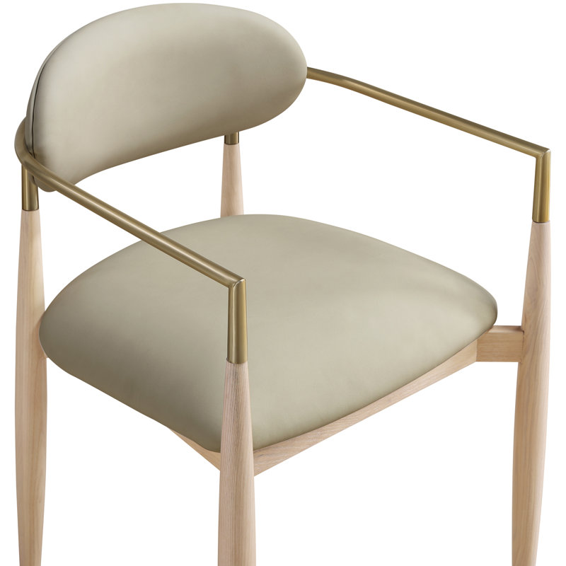 Eligah Vegan Leather Upholstered Dining Arm Chair, Taupe Vegan Leather, Stained Natural / Brushed Brass