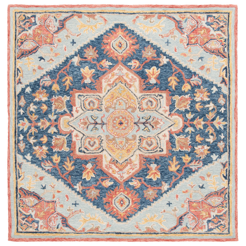 Sharl Hand Tufted Wool/Cotton Oriental Rug in Navy/Red, Square 6'