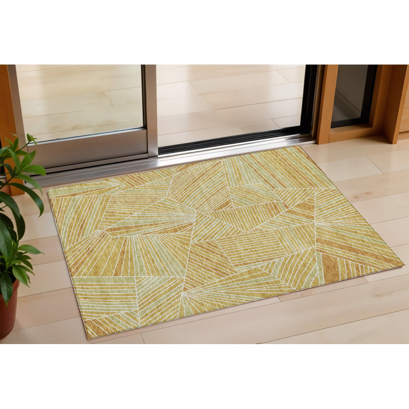 Tapis intérieur lavable à motif géométrique cuivre doré 3 pi x 5 pi