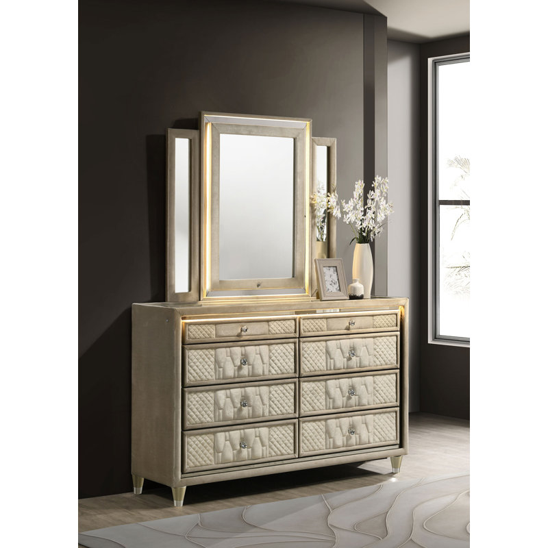 Liv 8-Drawer LED Dresser With Mirror Ivory And Camel